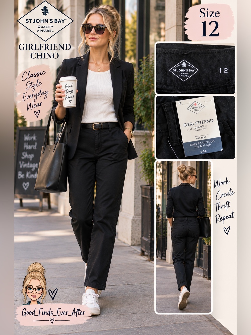 NWT - 12 - St. John's Bay Girlfriend Chino mid rise Pants in Black
